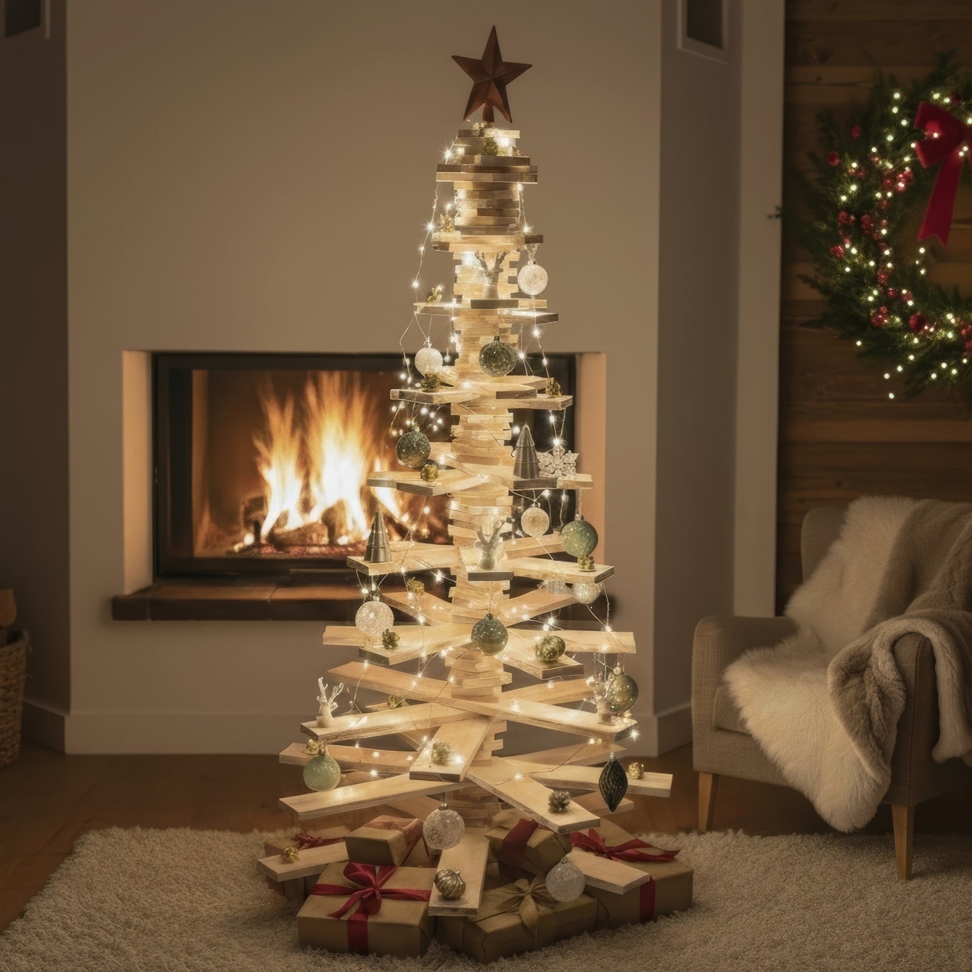 Sapin de noël en bois design à branche large au coin du feu